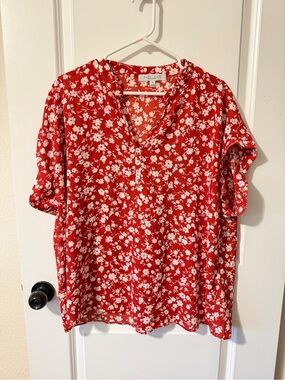 Sweet Rain Red and White Floral Henley Blouse
